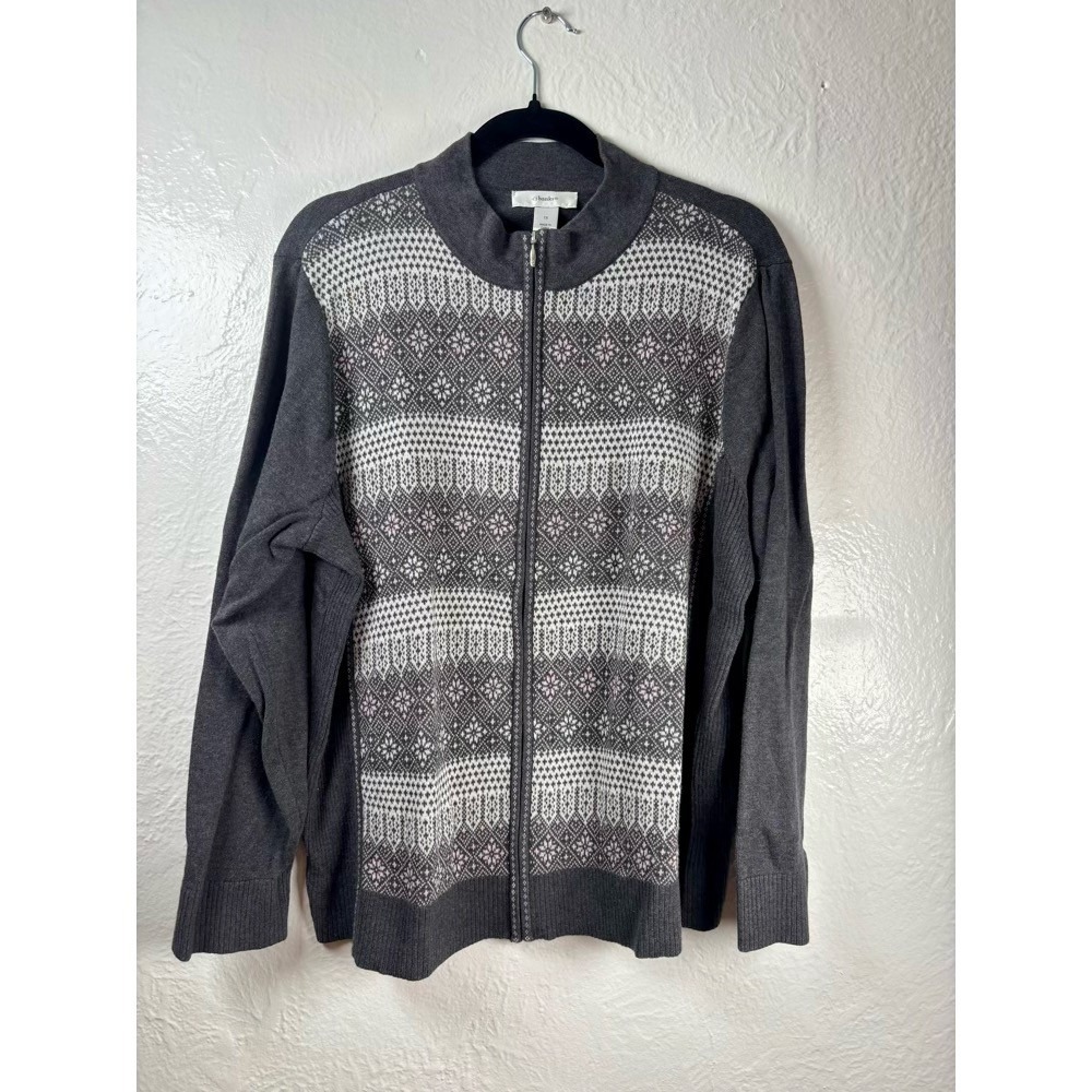 cj banks Full Zip Cardigan Sweater Grey 1X Fair Isle Nordic Layering Academia